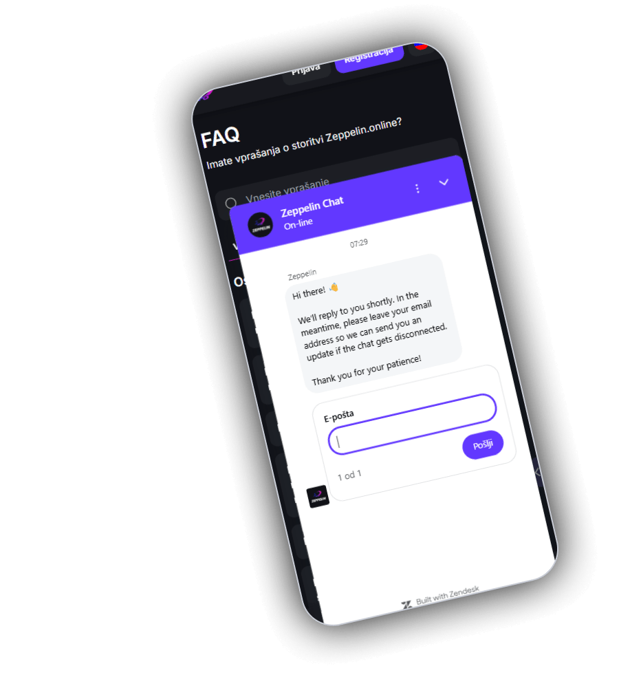 Stran FAQ Zeppelin Casino na telefonu z naslovom Imate vprašanja o storitvi Zeppelin.online, iskalnim poljem Vnesite vprašanje in odprtim oknom Zeppelin Chat On-line ob 07.29 z angleškim pozdravom, poljem E-pošta, gumbom Pošlji, oznako 1 od 1 in vrstico Built with Zendesk