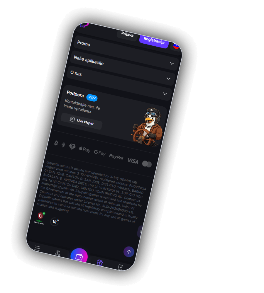 Noga strani Zeppelin Casino na telefonu z meniji Promo, Naše aplikacije in O nas, okvirjem Podpora 24/7 z besedilom Kontaktirajte nas, če imate vprašanja in gumbom Live klepet, maskoto s slušalkami za krmilom ladje, logotipi Bitcoin, Ethereum, Tether, Apple Pay, Google Pay, PayPal, Visa in Mastercard, angleškim pravnim besedilom, pečatom VALID in oznako 18+